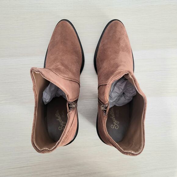 Seychelles Pretty Little Bird Boots Cognac Brown Booties Heel Suede Leather 7 - Picture 3 of 10